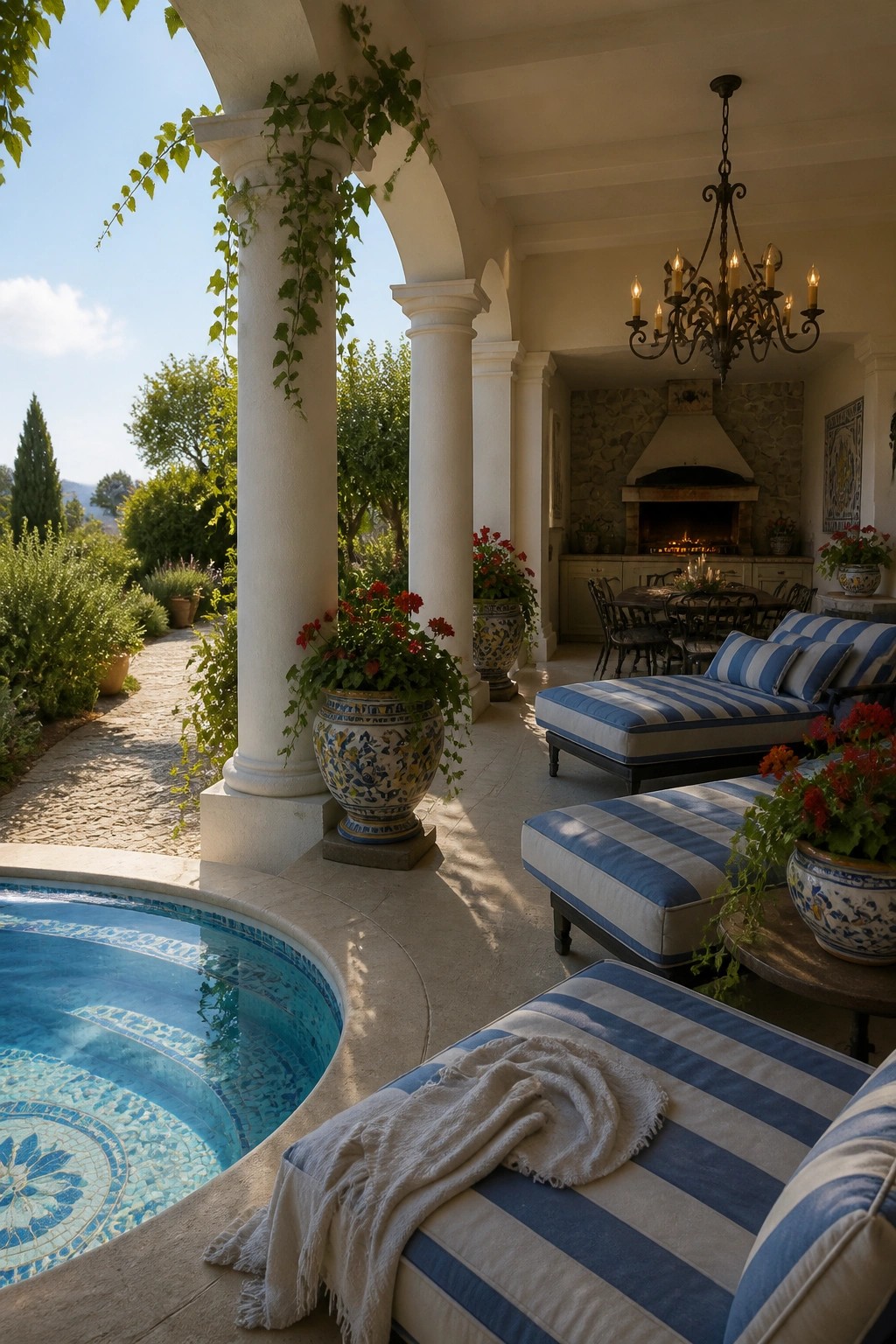 Luxurious Mediterranean patio with blue striped lounges, mosaic pool, and potted flowers.