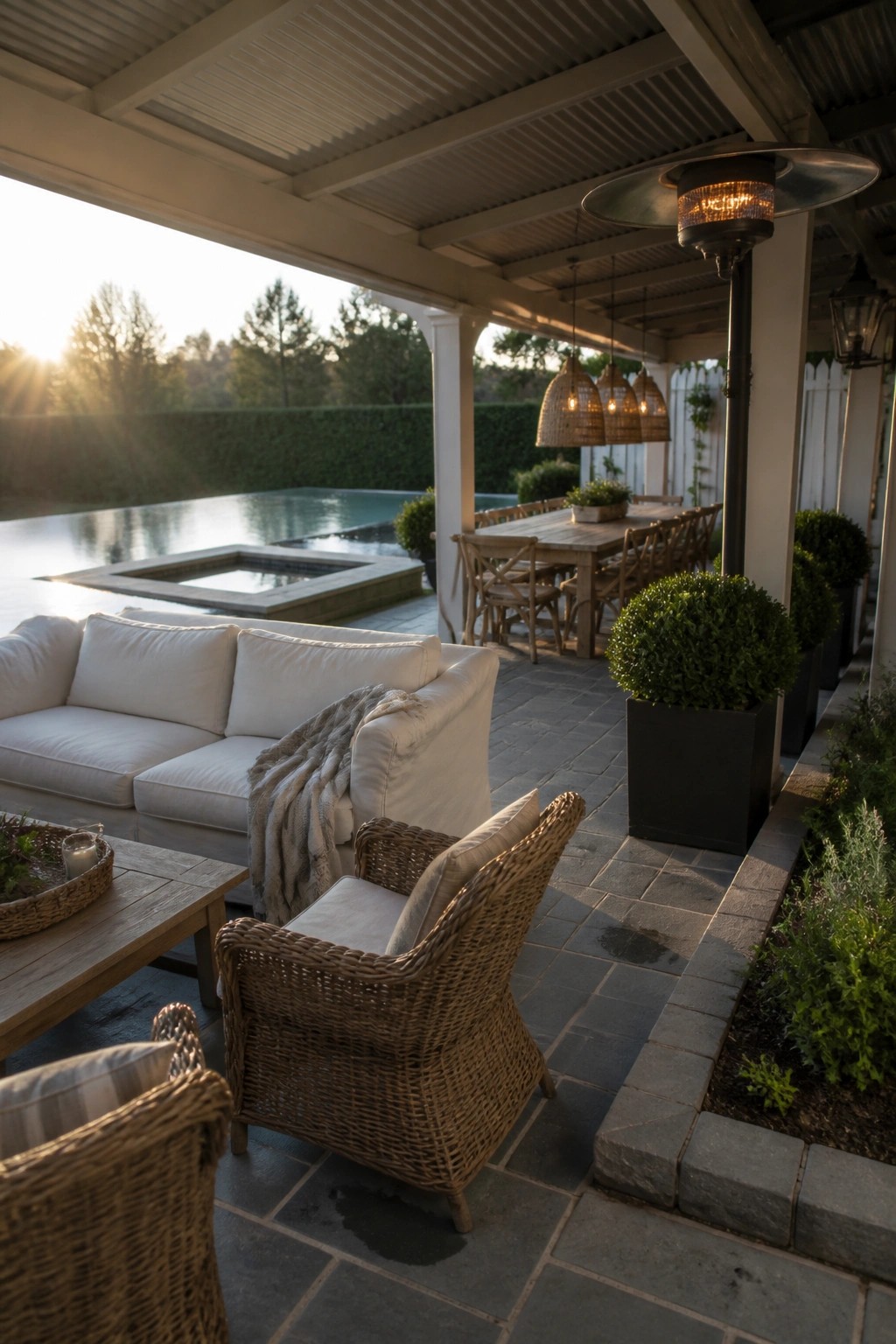 A covered stone patio features white upholstered sofas, woven chairs, a long wooden dining table, potted plants, and a tall outdoor gas heater beside the pool at sunset.