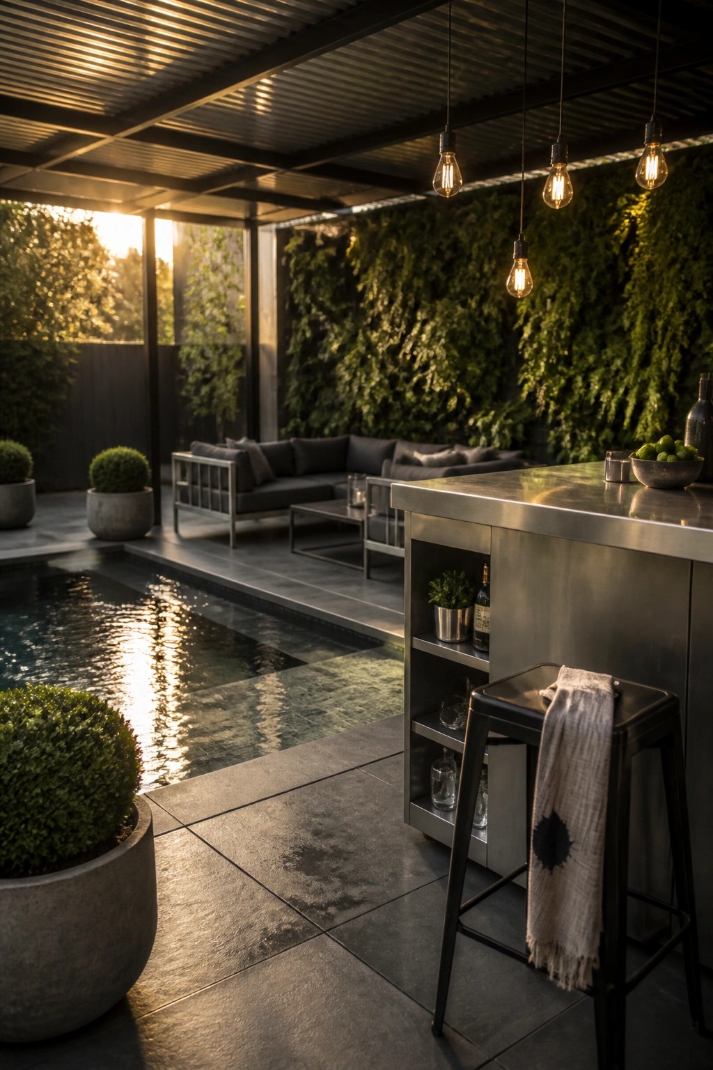 A covered pool patio with a stainless steel bar counter, open shelving, black metal stools, and pendant lights, positioned beside a swimming pool and dark sectional seating.