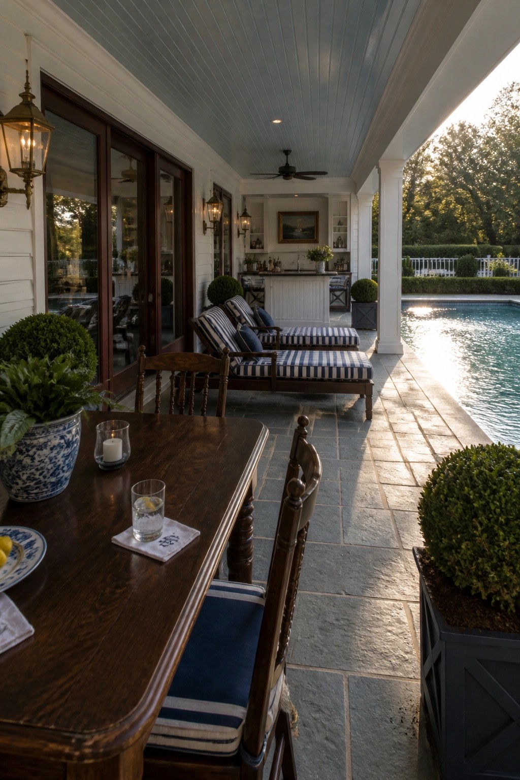 A covered patio with a white bar, striped lounge chairs, a wooden dining table set with glasses, and a swimming pool visible alongside the house.
