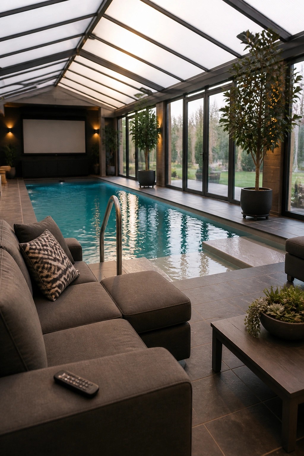 An indoor pool enclosed by glass walls and a glass roof, with a dark sectional sofa positioned along the pool edge and a remote control resting on one cushion.