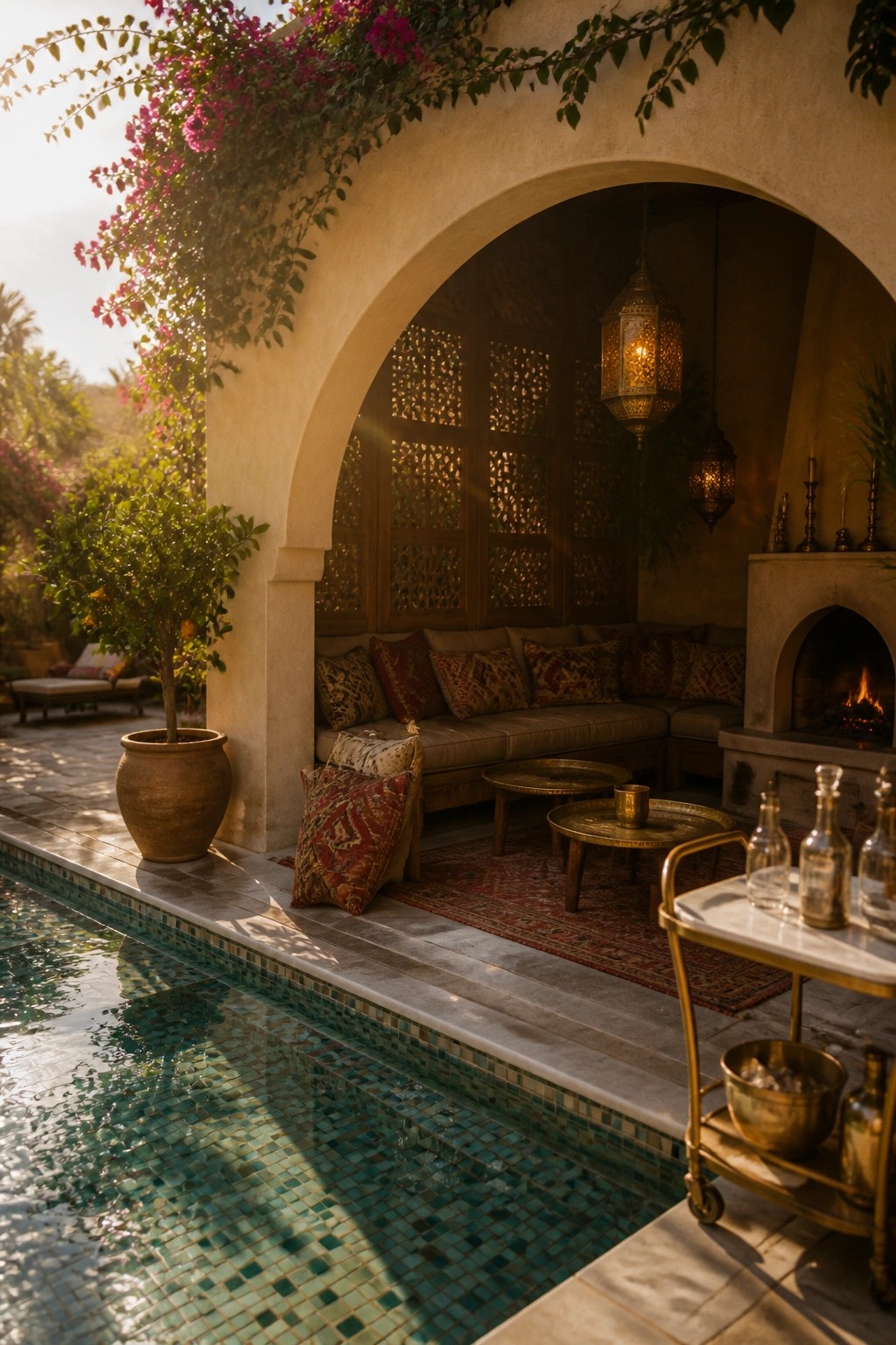 Elegant arched courtyard with sofa, patterned pillows, lanterns, fireplace, and pool at dusk.