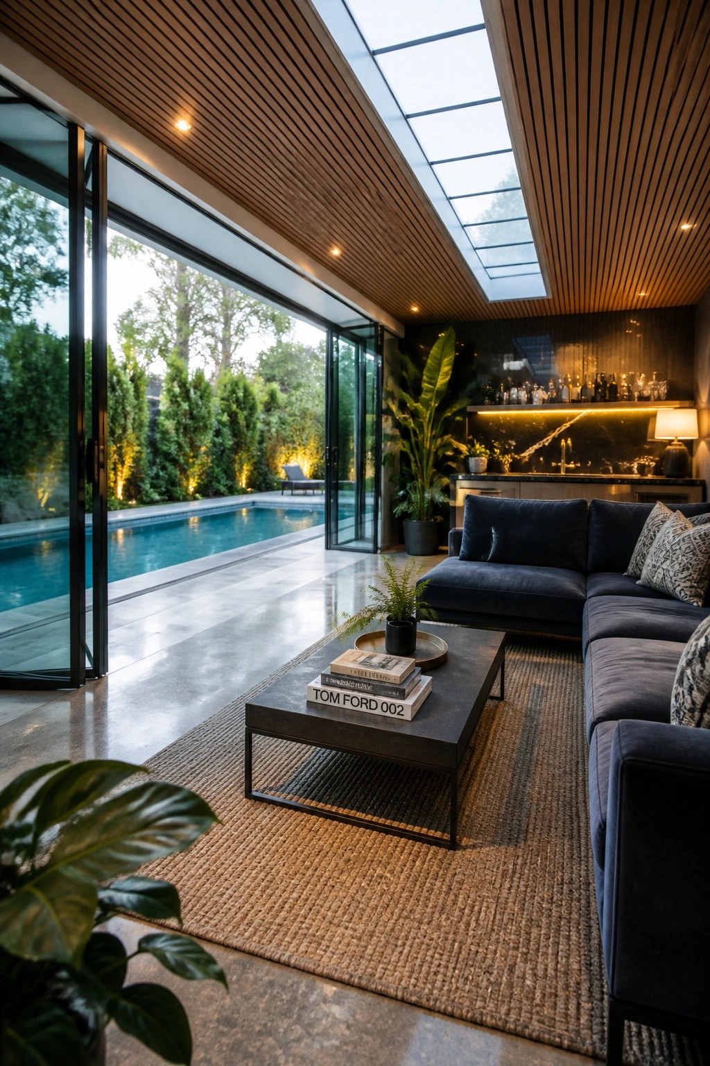 Modern living room with navy sofa, dark coffee table, woven rug, and pool view.
