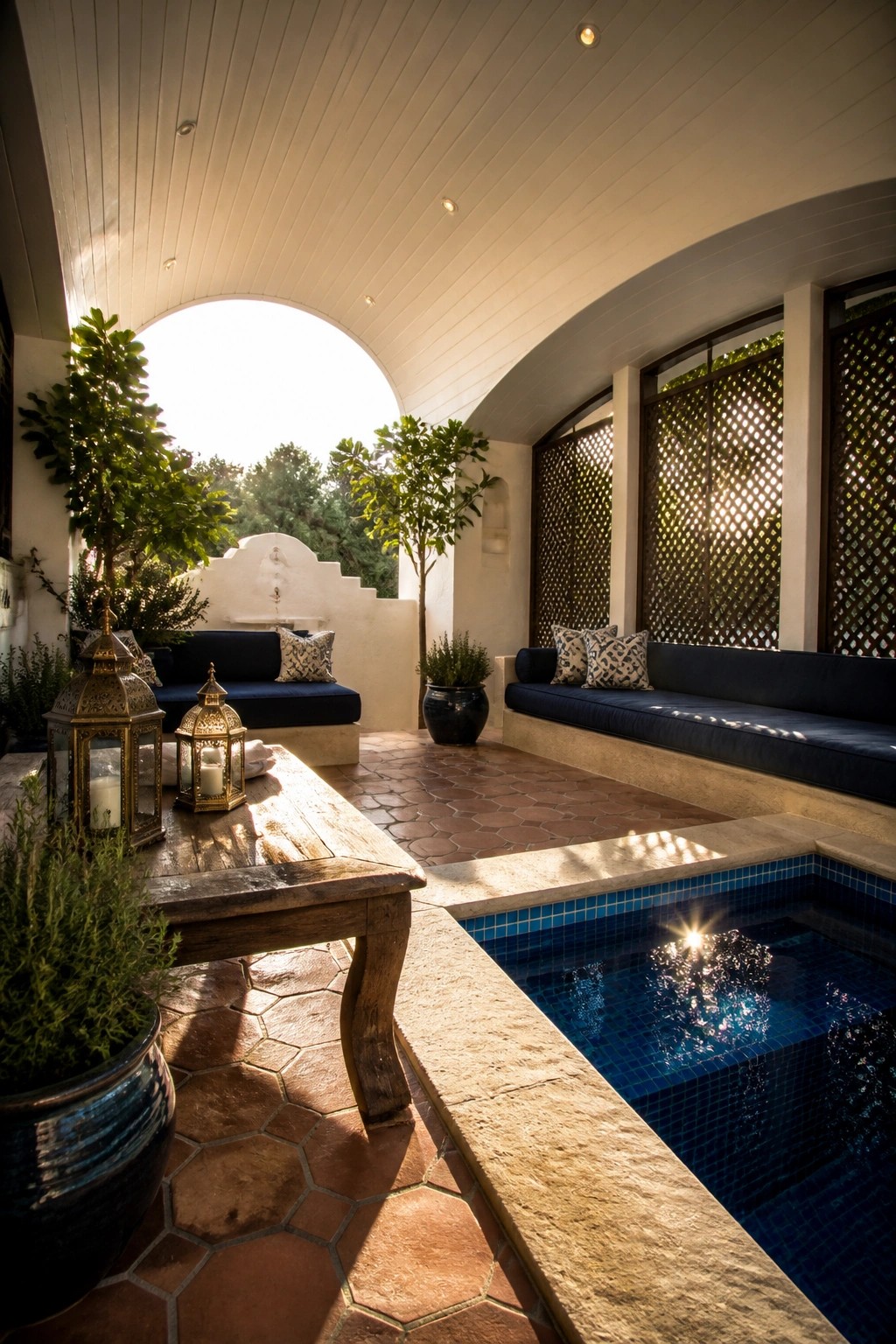 Sunlit patio with blue pool, wooden table, lanterns, and cushioned benches.