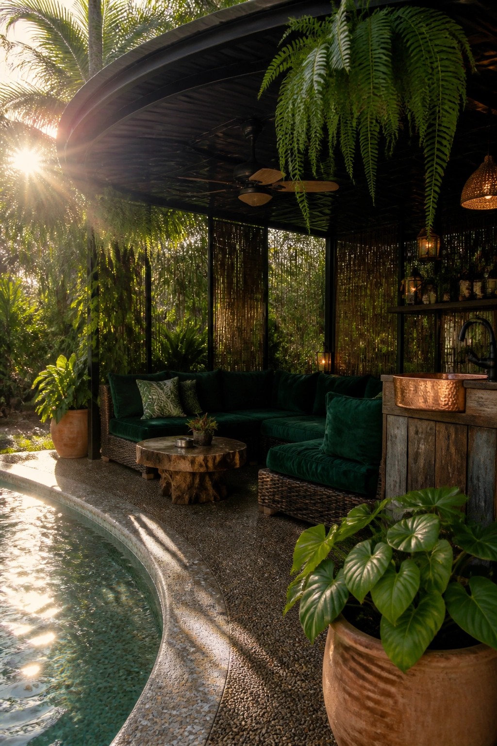 A covered outdoor patio with dark curved roof, ceiling fan, and green cushioned seating sits beside a pool, surrounded by plants and trees.
