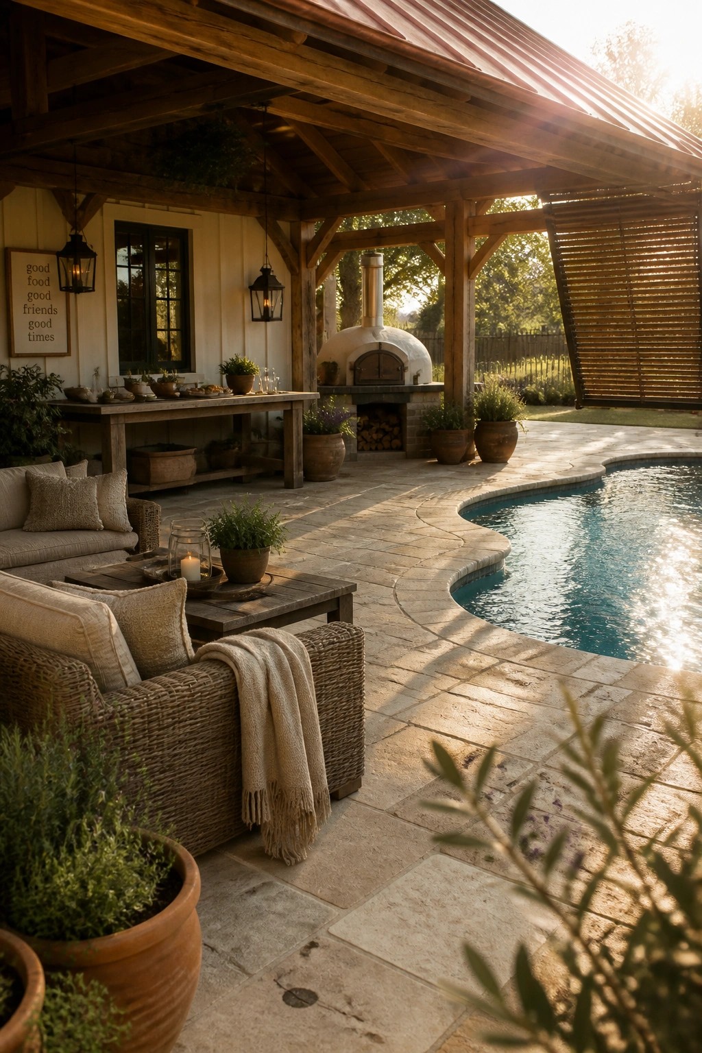 A wooden covered patio with seating, a pizza oven, and a curved swimming pool on a stone deck.