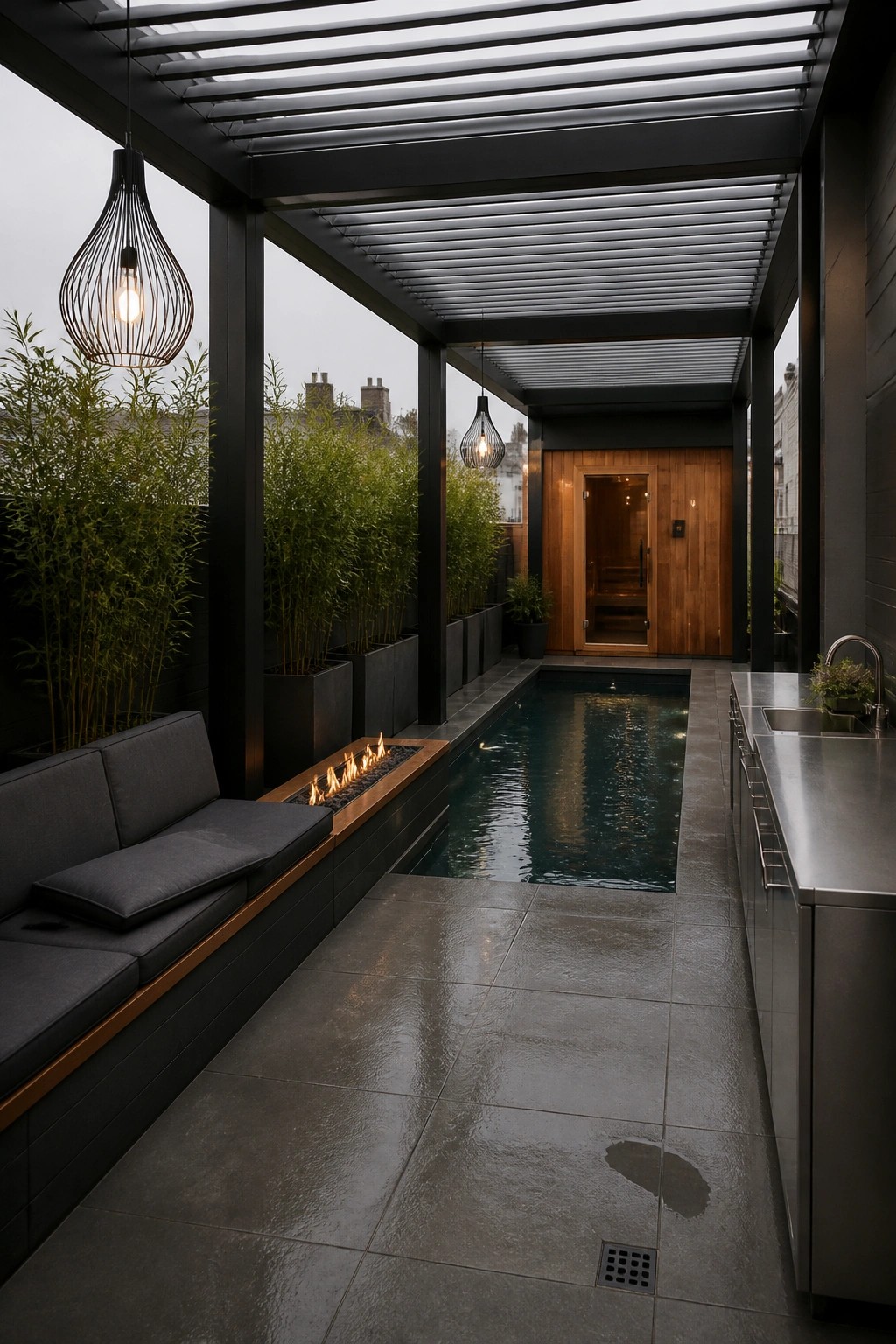 A covered outdoor pool patio with gray stone tiles, a long rectangular pool, built-in dark seating with a linear fire feature, stainless counters on the right, and a wooden sauna door at the far end.