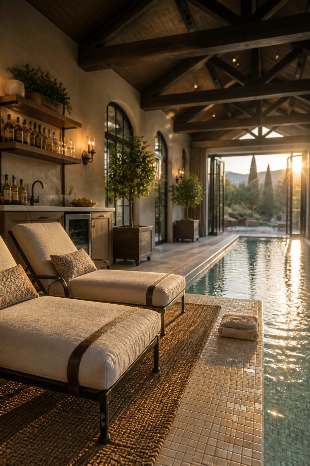 Covered pool patio with two lounge chairs on a woven rug, a bar area with shelves and sink, and an open view to the swimming pool and landscape beyond.