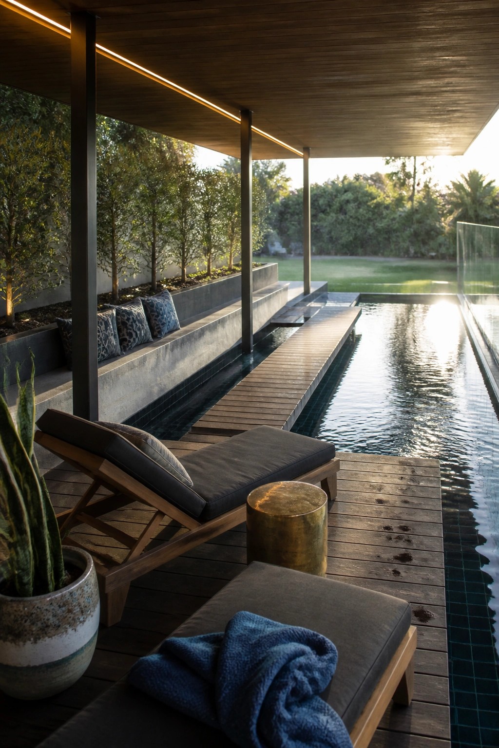 A covered wooden pool deck with lounge chairs, a side bench with pillows, and a long rectangular pool extending toward trees.