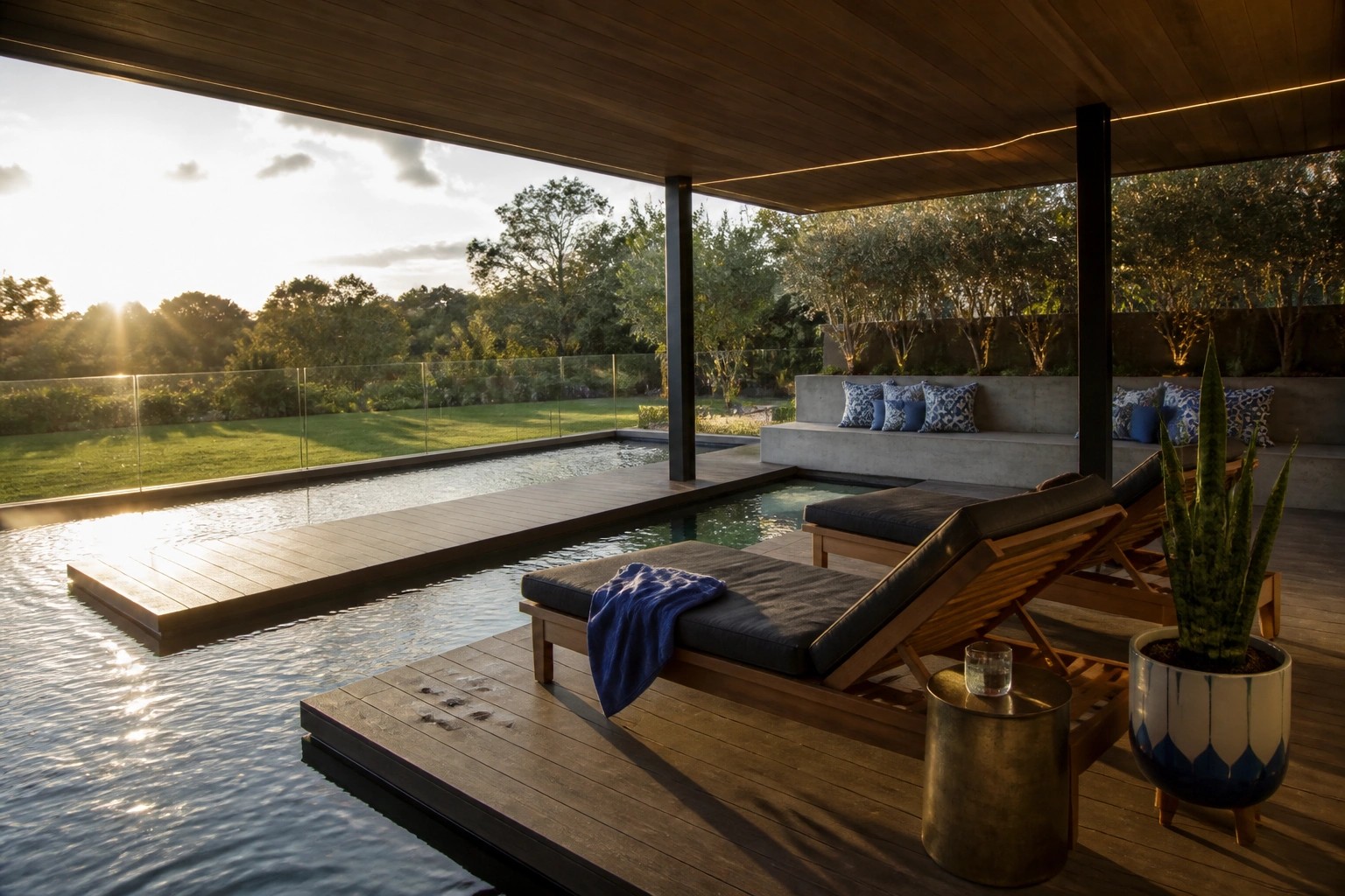 A covered wooden pool deck with lounge chairs, a side bench with pillows, and a long rectangular pool extending toward trees.