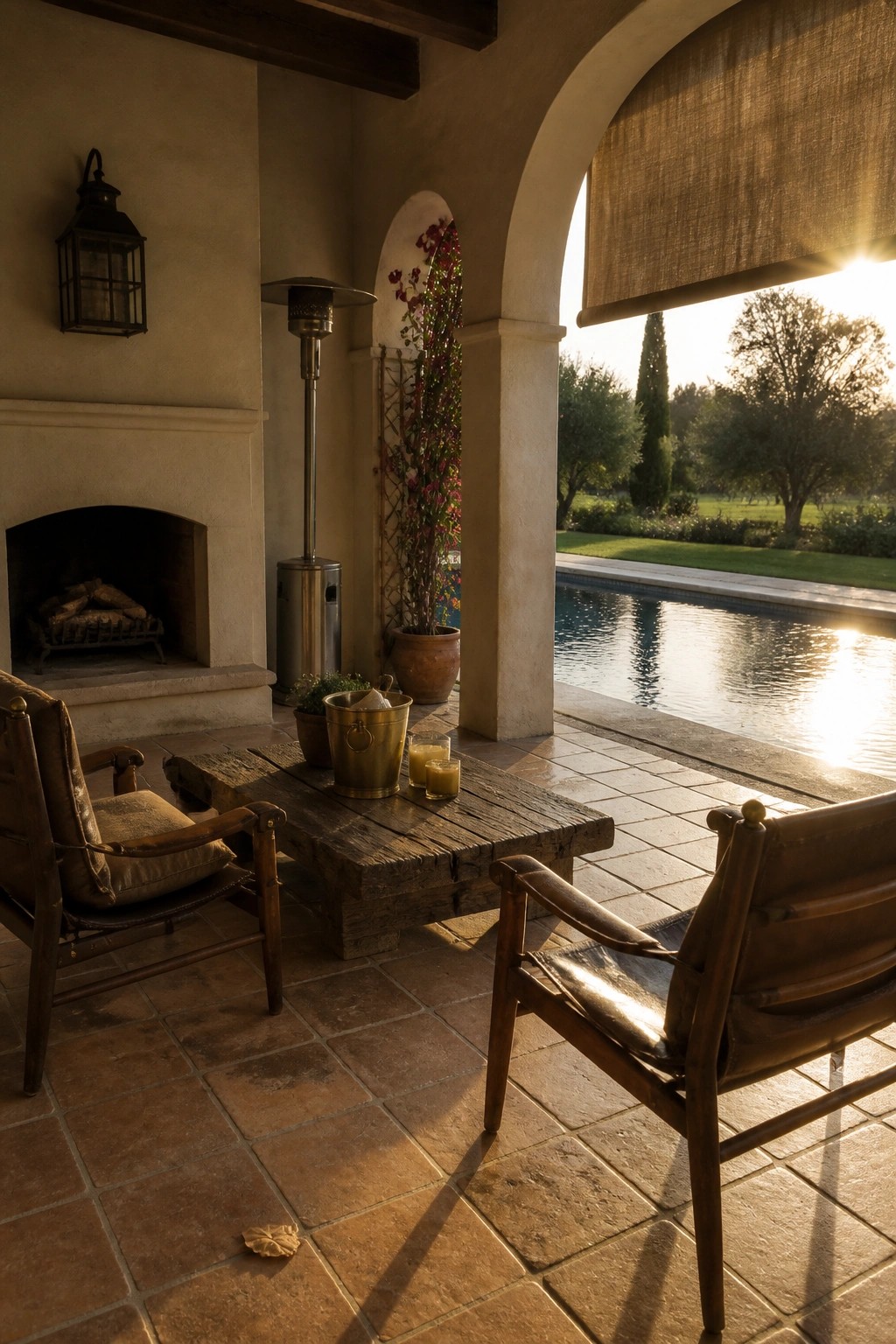 A covered patio with a stone fireplace, two leather armchairs, a wooden coffee table, and an open view toward a swimming pool at sunset.