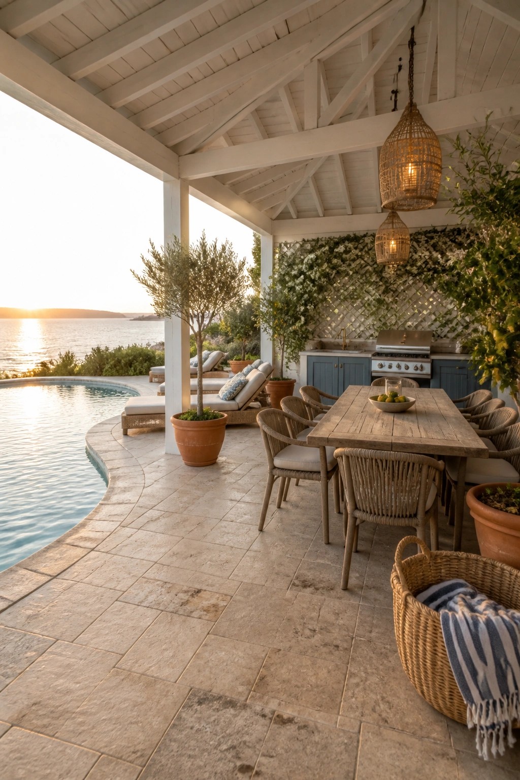 Elegant outdoor patio dining overlooking pool and ocean at sunset