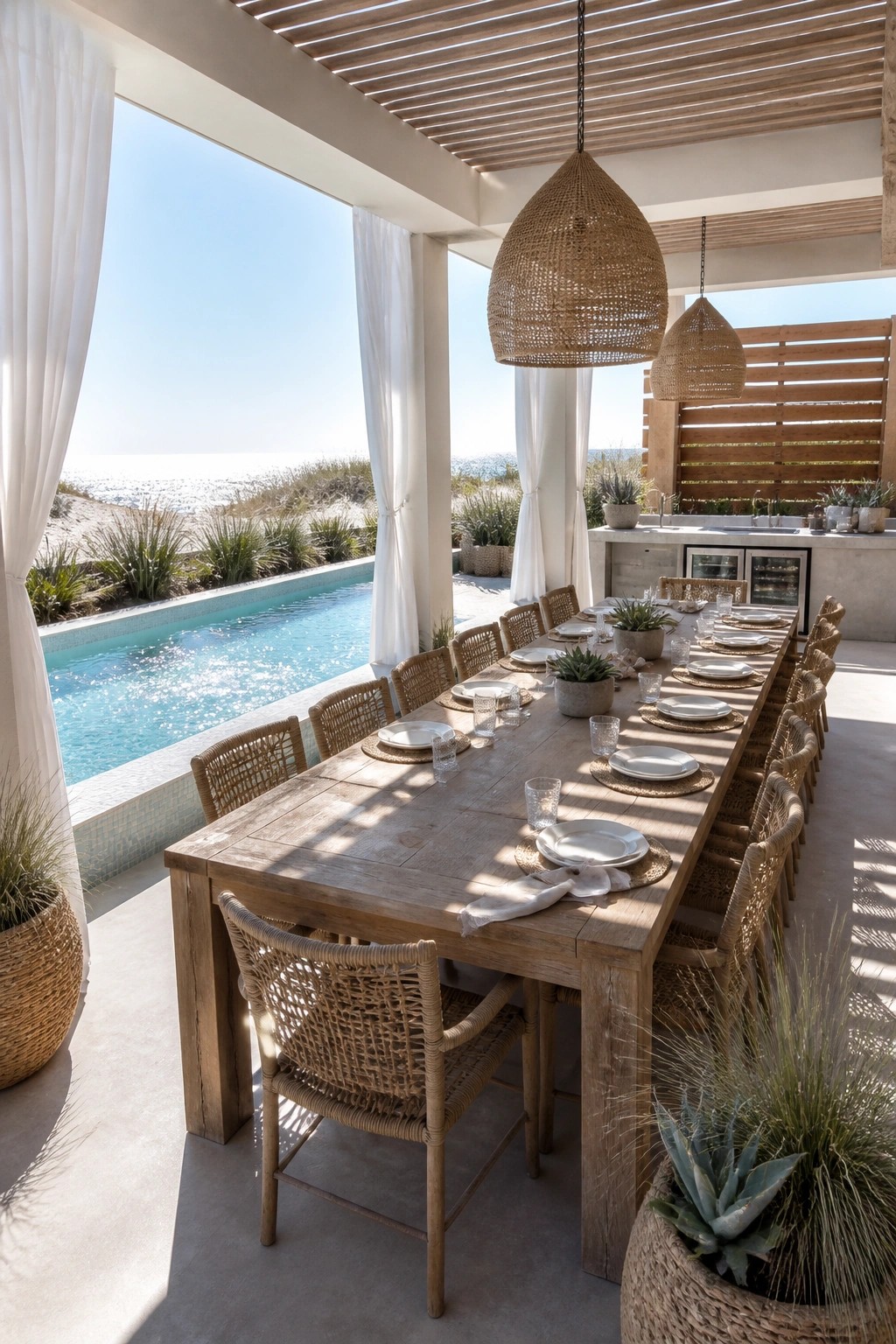 Outdoor wooden dining table with woven chairs and lights overlooking pool and ocean.