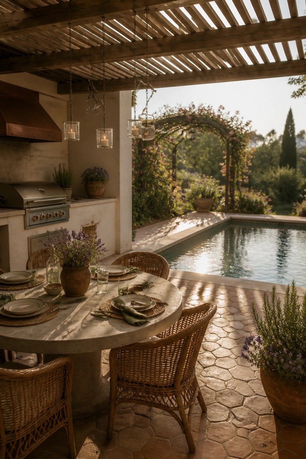 A round stone dining table with woven chairs sits under a wooden pergola next to a swimming pool, with hanging candle lanterns and an outdoor kitchen on the left.