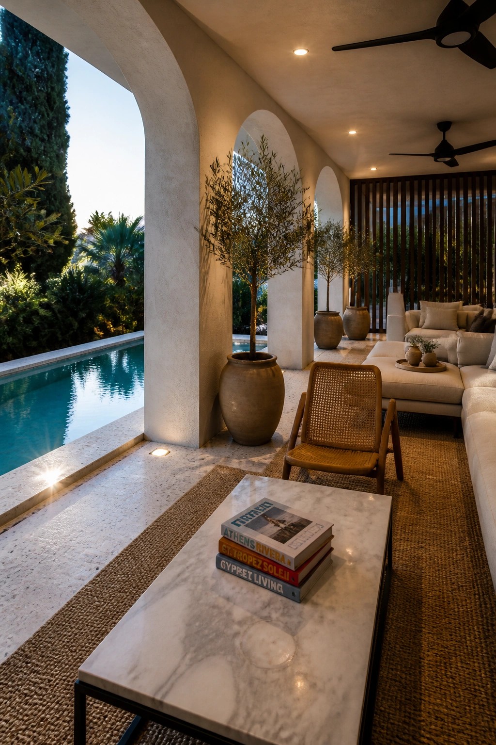 Covered pool patio with arched openings, large potted trees, a marble coffee table with stacked books, a woven chair, and a sectional sofa on a jute rug.