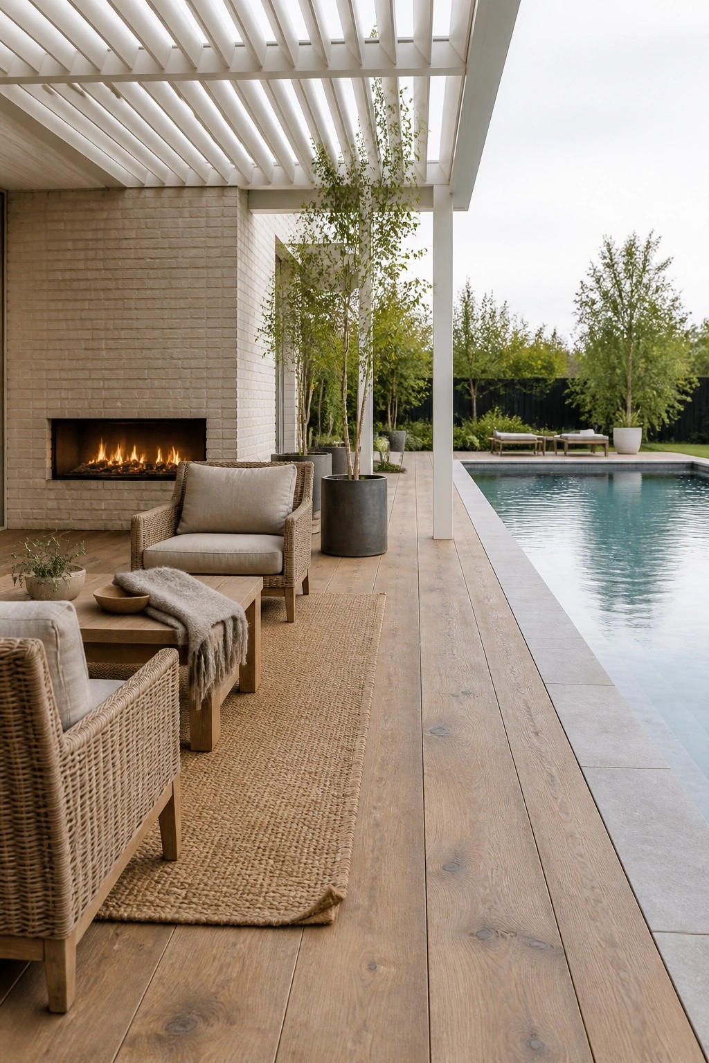 A modern covered pool patio with white slatted pergola, brick fireplace, woven lounge chairs on a wooden deck, and a long swimming pool alongside.