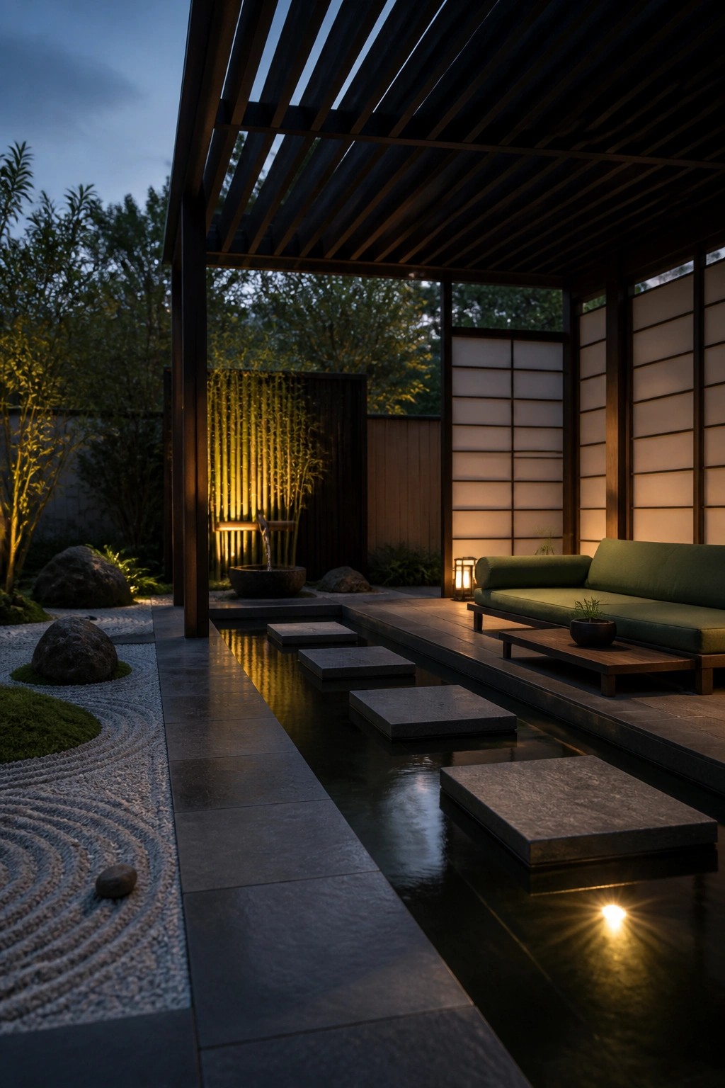 An outdoor covered patio at dusk with a dark wooden slatted pergola, green sofa on a raised deck, and a long narrow water channel crossed by stone stepping stones.