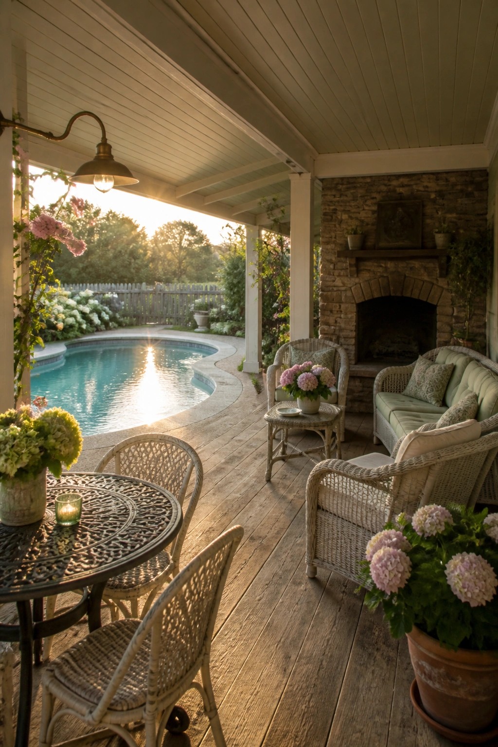 A covered wooden deck with wicker seating, a large stone fireplace, and a swimming pool visible beyond the patio area.