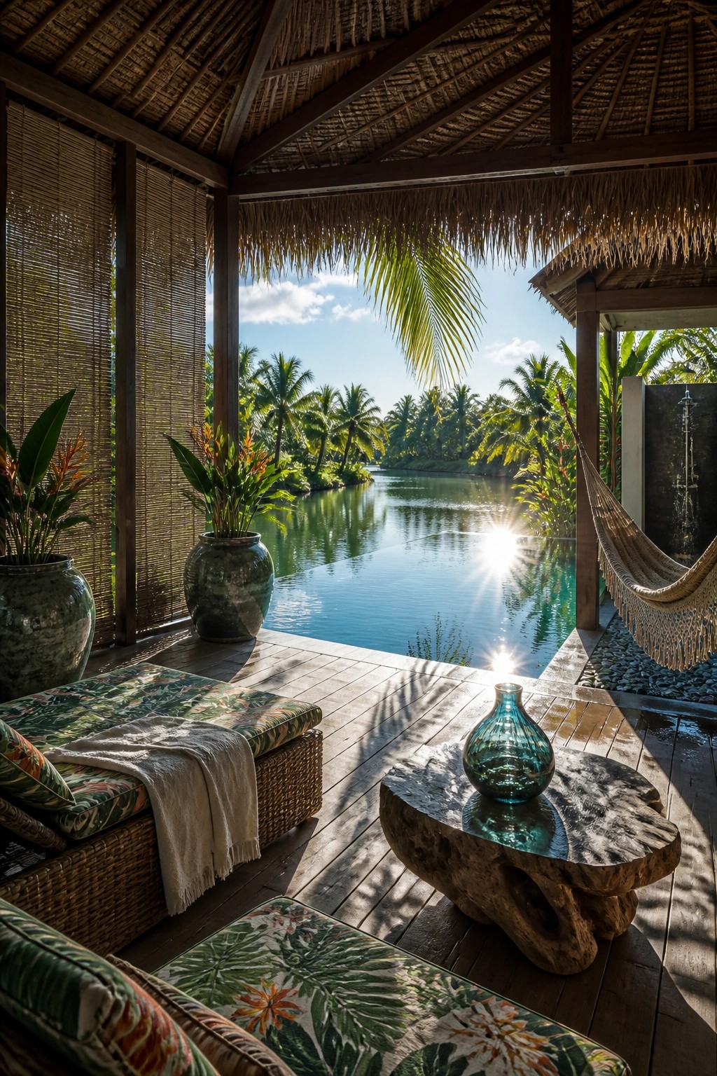 A covered wooden deck with a thatched roof beside a pool, showing wicker seating, a stone table, a hammock, and palm trees in the background.