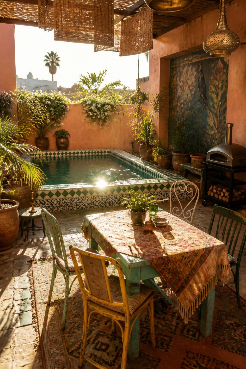 Moroccan courtyard with tiled pool, colorful dining table, potted plants, brass lantern