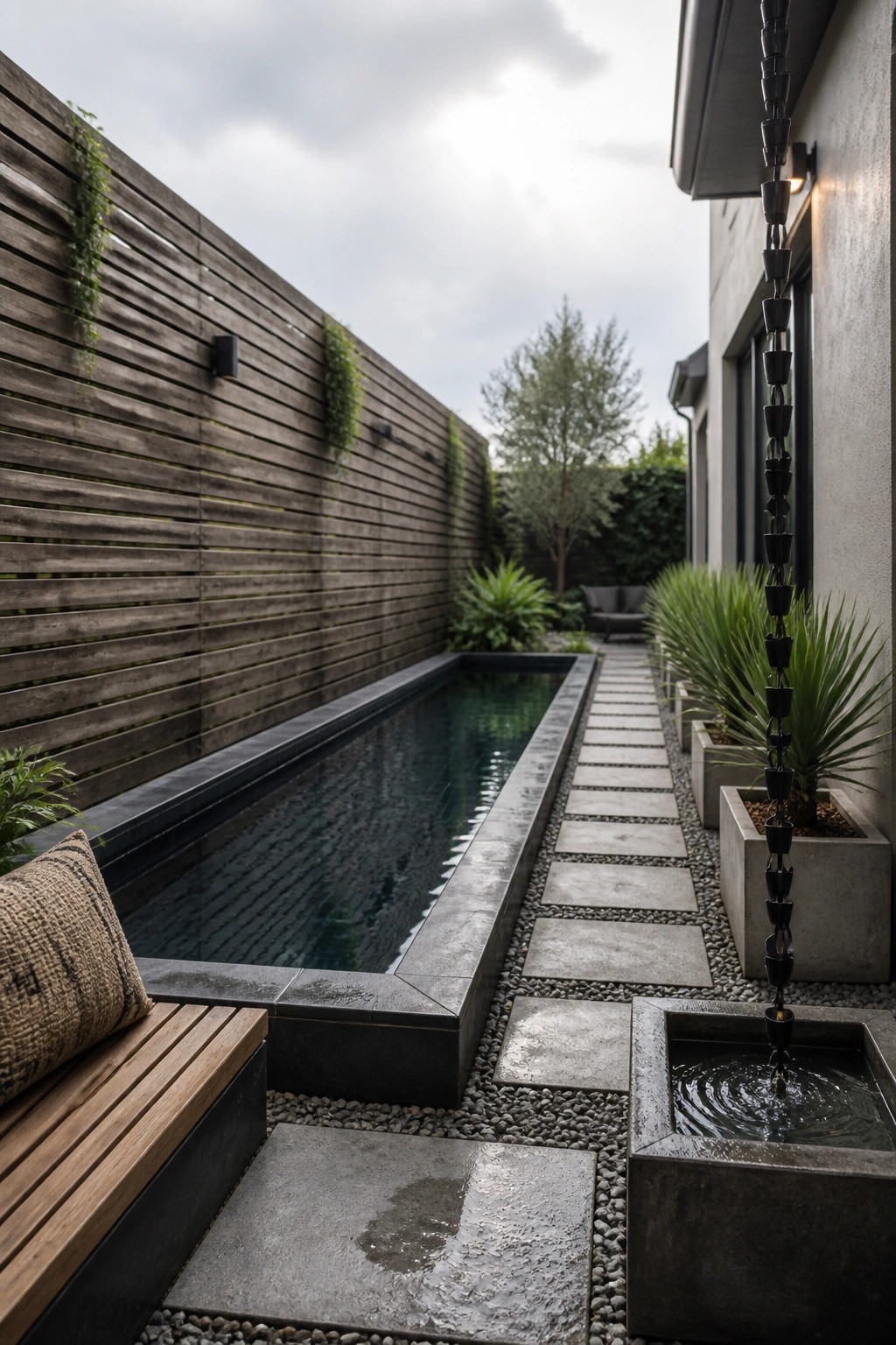 A long narrow inground pool bordered by a stone pathway on one side, with a wooden slat wall and potted plants visible in the background.