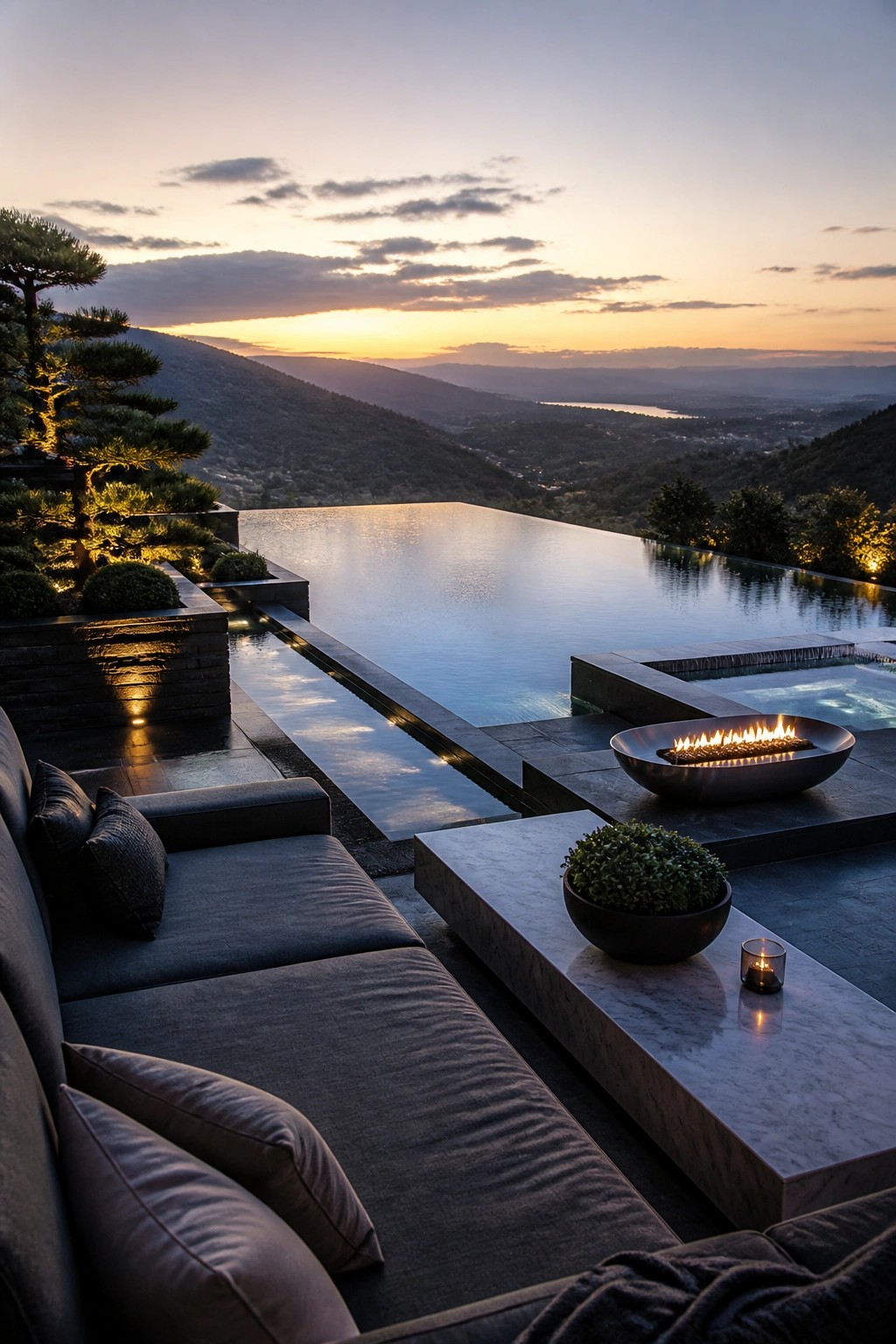 Luxurious infinity pool terrace with dark sofa, fire pit, overlooking sunset mountains.