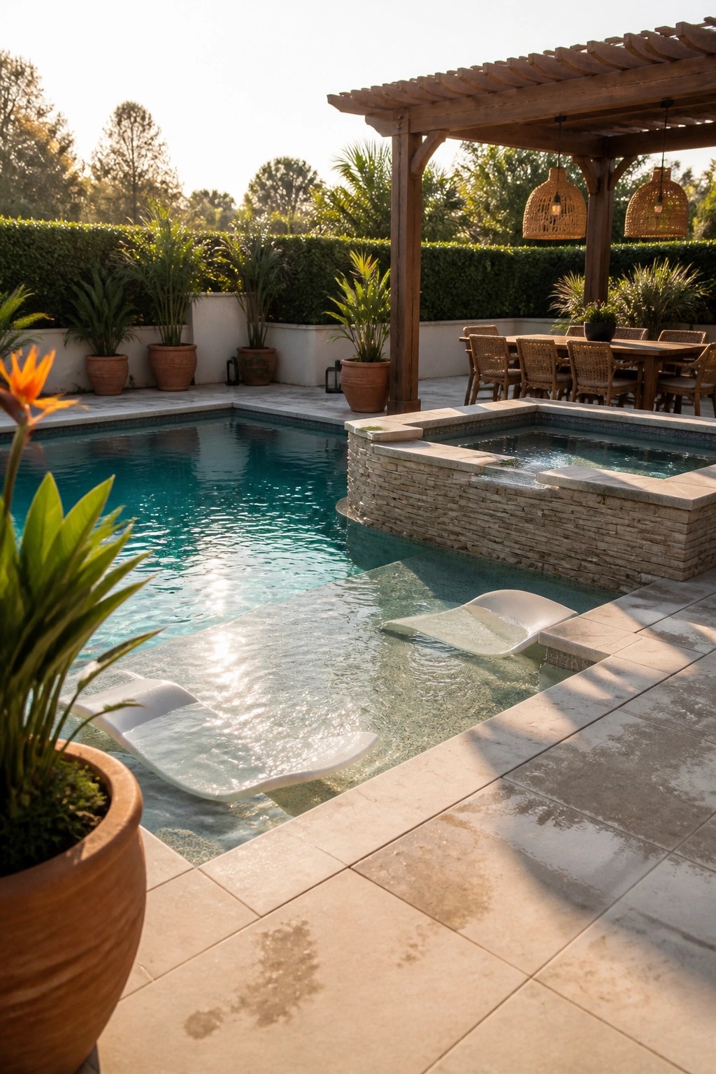 Backyard inground pool with raised stone spa, two in-pool loungers, and a wooden pergola with dining table and chairs.