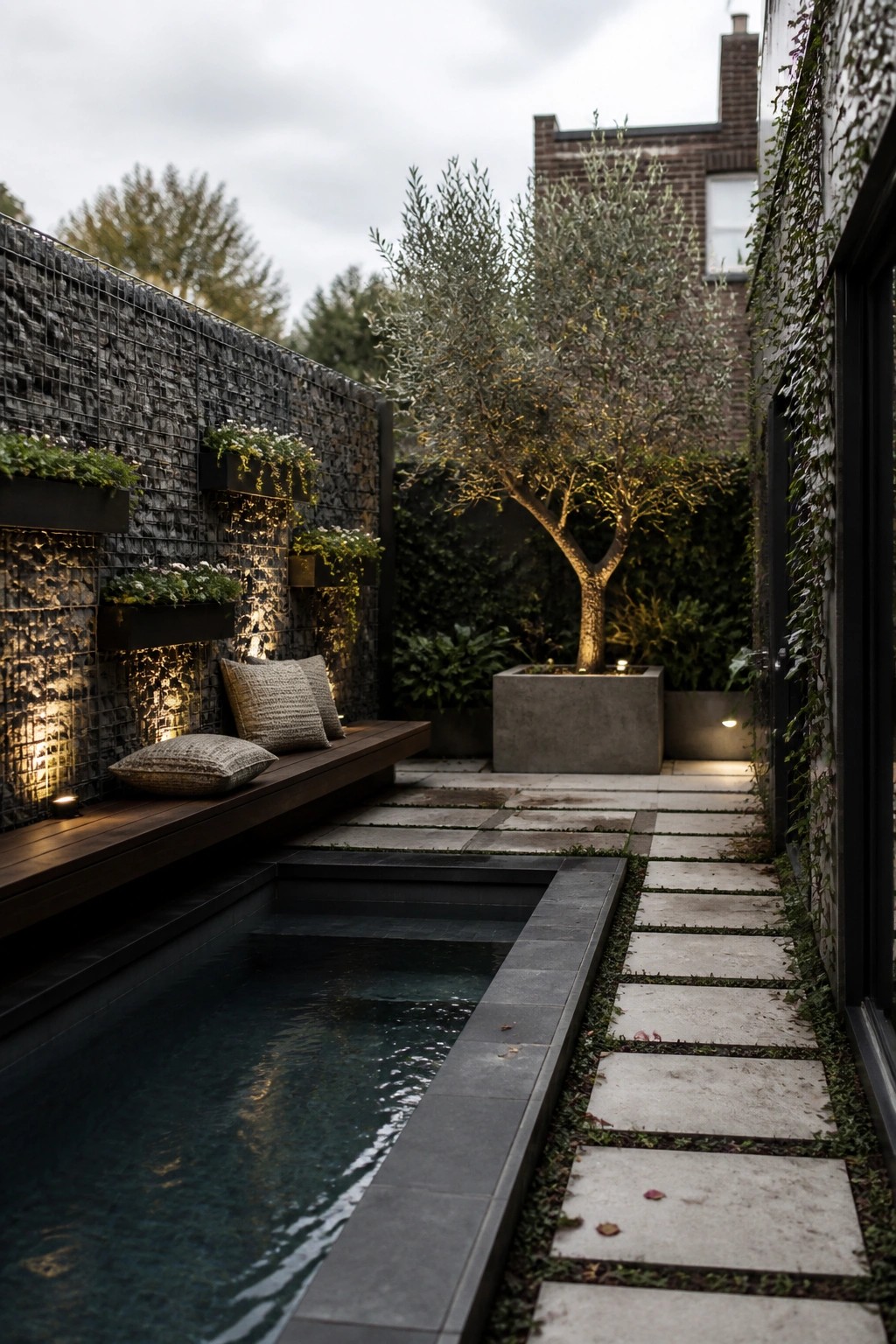 A long narrow inground pool with a linear stone pathway running parallel to it, a gabion wall with planters on the left, and a large tree in a concrete planter on the right.