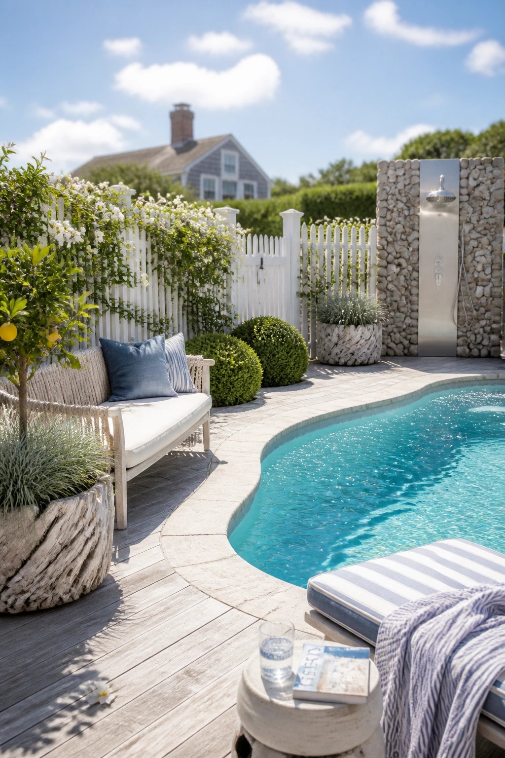 An inground pool with wooden decking, a tall stone wall containing an outdoor shower, potted plants, and a white fence in the background.