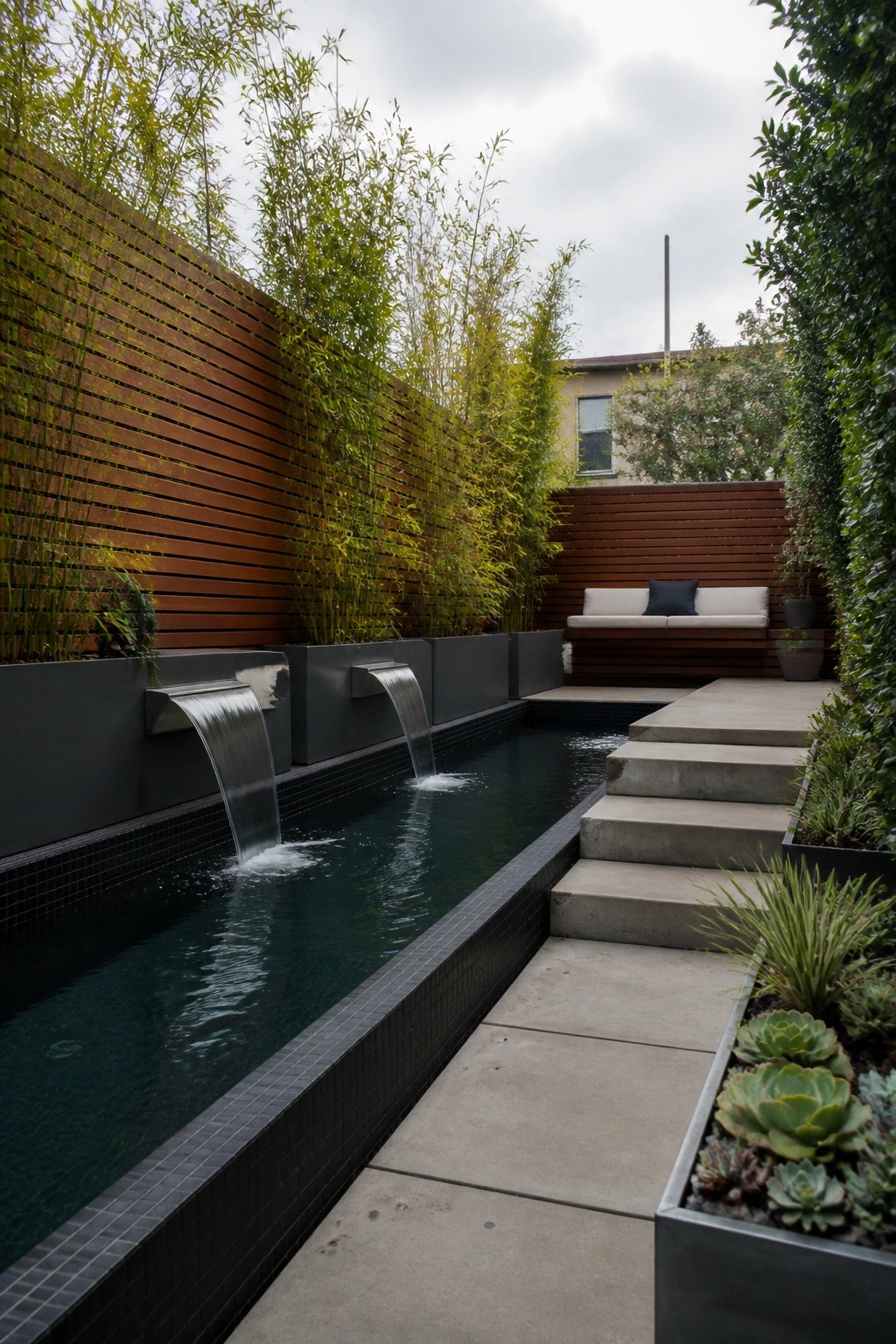 Modern courtyard with dark tiled pool, cascading waterfalls, bamboo, and concrete steps.
