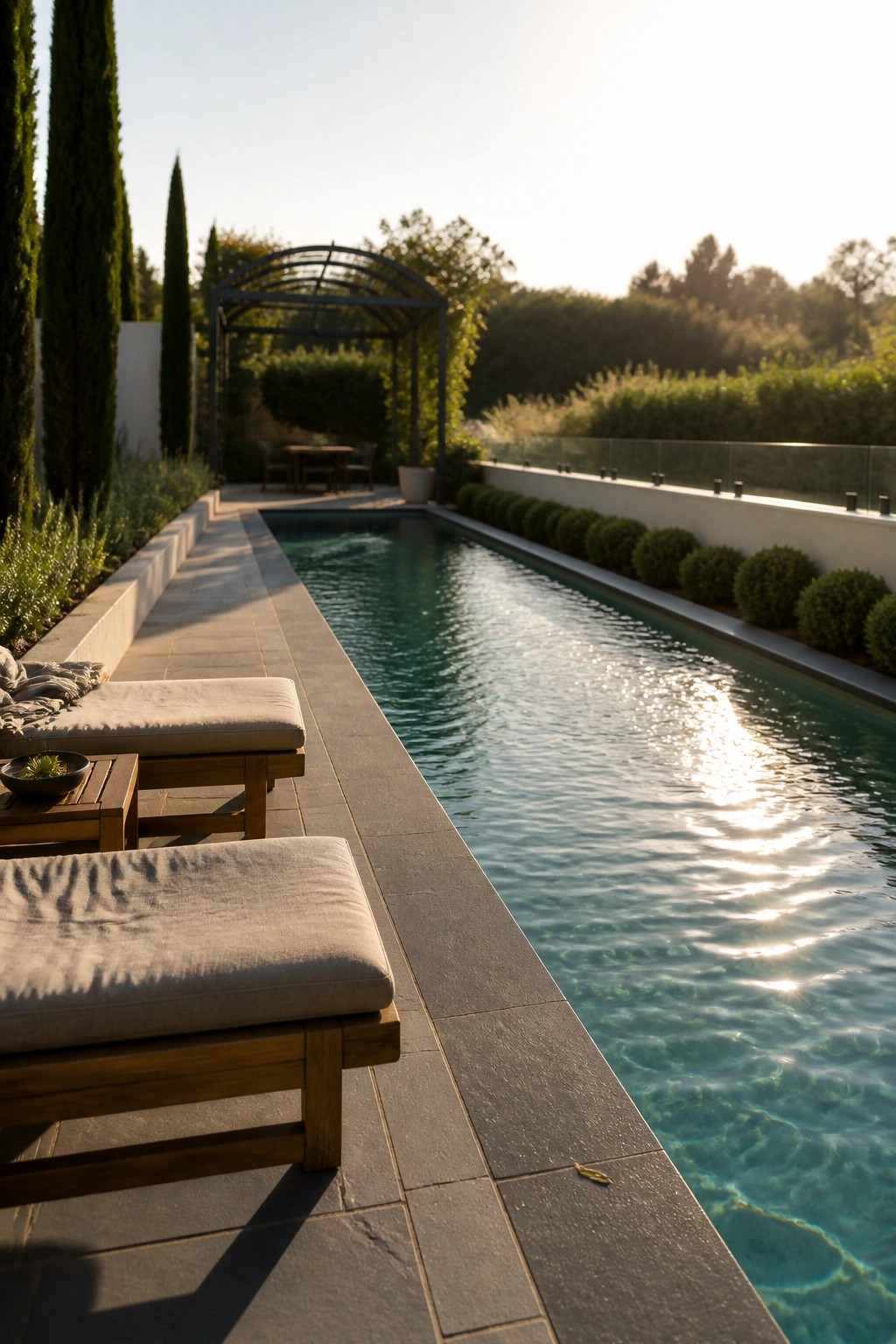 A long rectangular inground pool with a row of round shrubs along one side, wooden lounge chairs on a stone deck on the other side, and a pergola visible in the background.