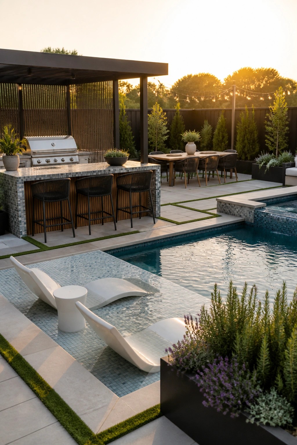 Luxurious backyard pool with outdoor kitchen, lounge chairs, dining area at sunset