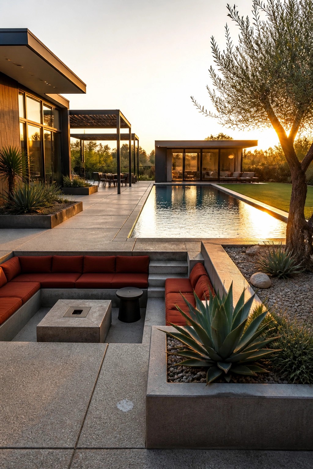 A modern backyard with a long rectangular inground pool, concrete deck, built-in seating with red cushions, a fire pit area, and an olive tree at sunset.
