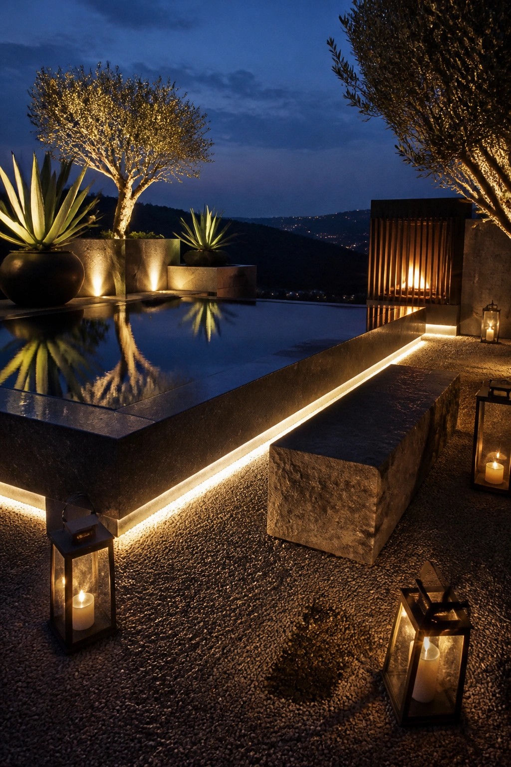 An inground pool at night with LED strip lighting along the dark stone edge, stone benches, candle lanterns on gravel, and illuminated trees in the background.