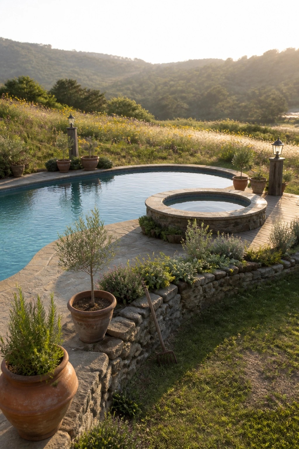 An inground pool with a circular spa is bordered by a low curved stone wall, potted plants, and garden beds set against a hilly landscape.