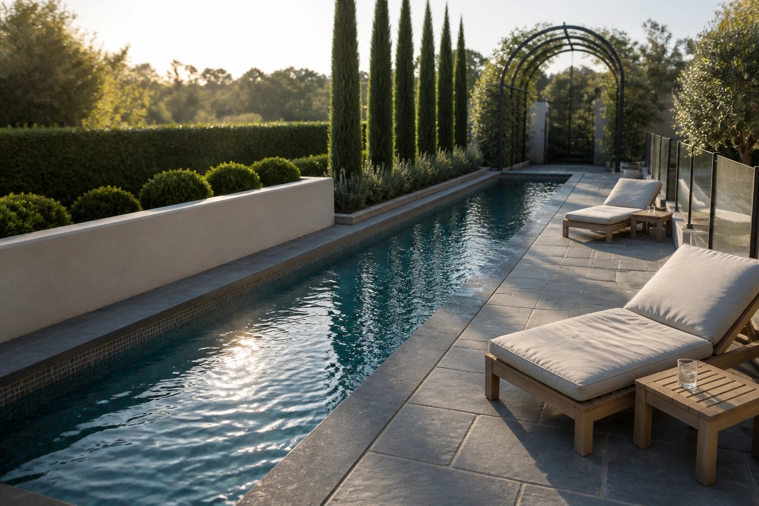 A long rectangular inground pool with a row of round shrubs along one side, wooden lounge chairs on a stone deck on the other side, and a pergola visible in the background.