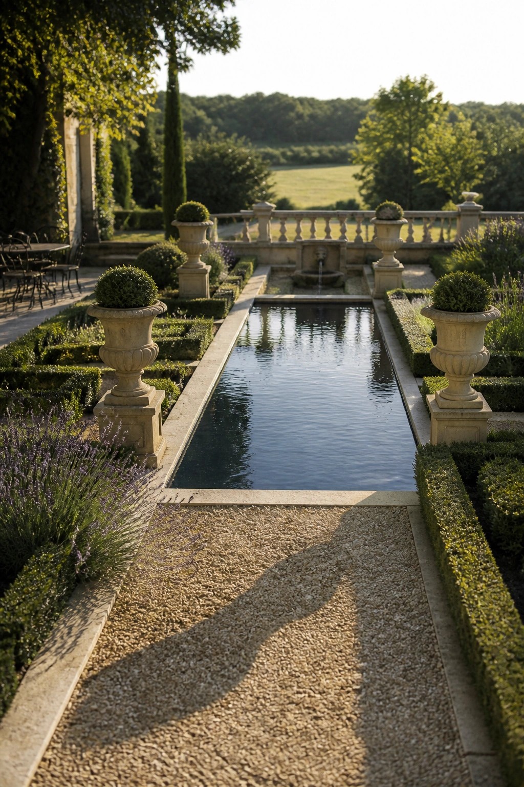A rectangular inground pool with stone coping, flanked by manicured hedges and classical stone urns on pedestals, with a gravel path leading toward a small fountain at the far end.