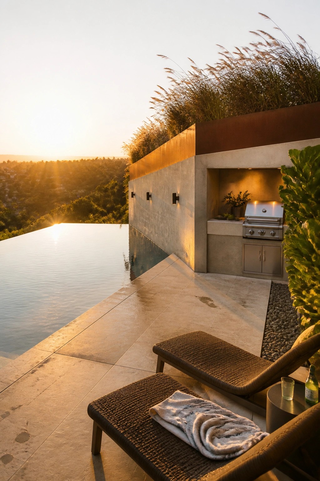 Modern infinity pool at sunset with lounge chairs, towel, and outdoor kitchen