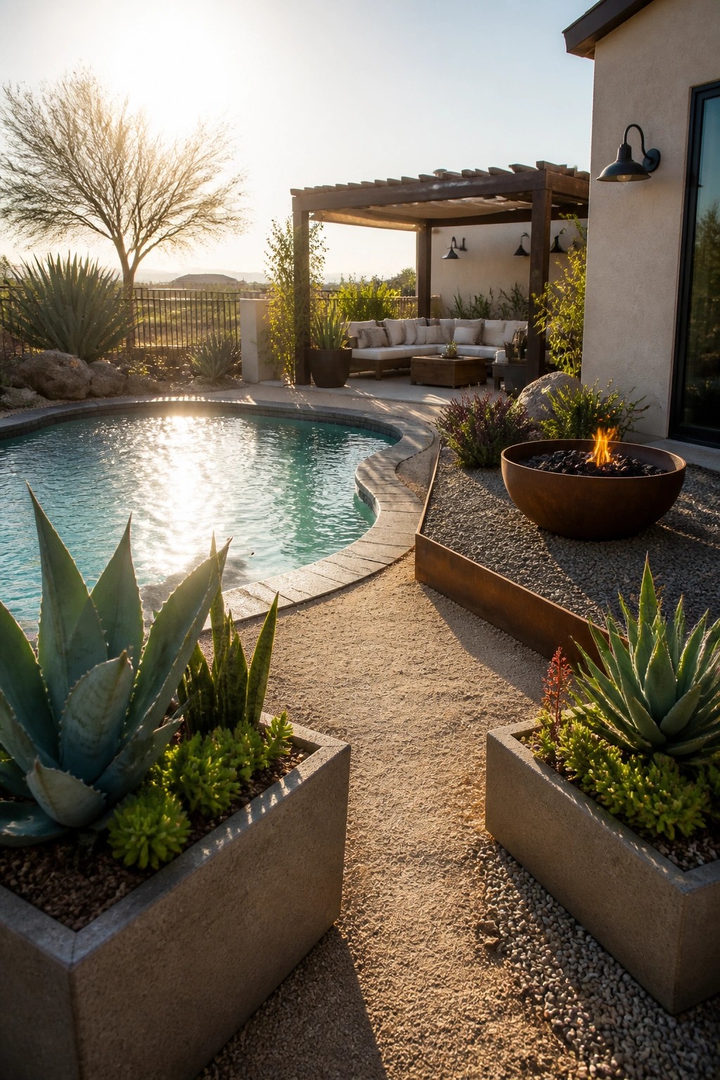 An inground pool with concrete planters holding agave and succulents along the edge, a round fire pit on gravel, and a pergola-covered seating area beside the house.