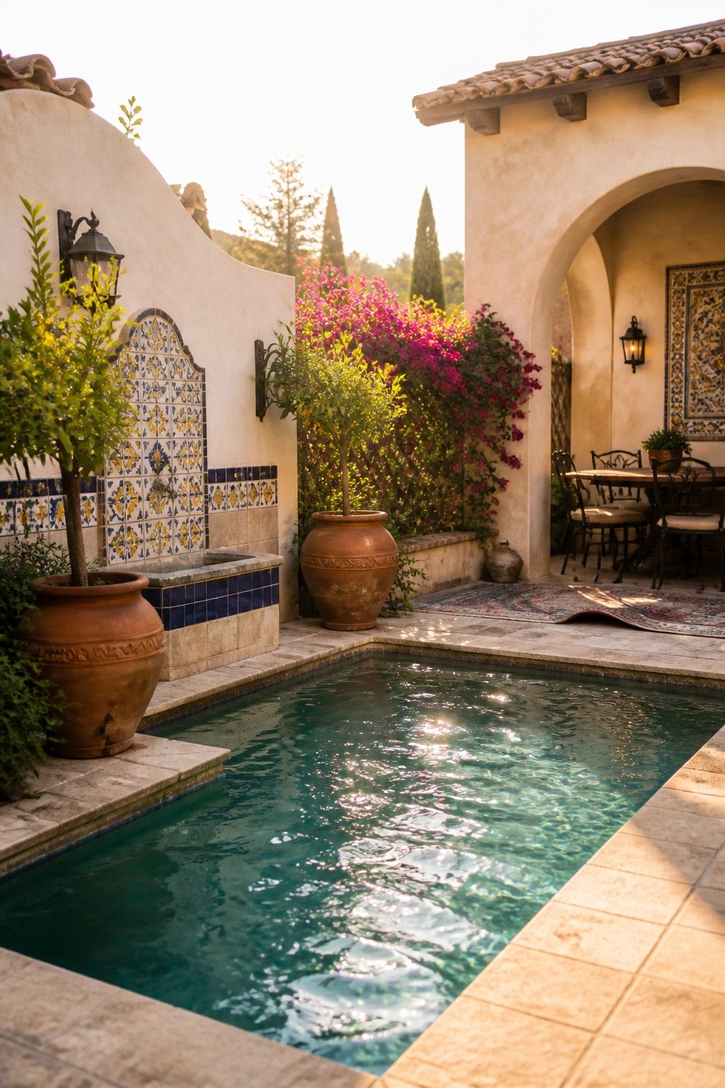 A rectangular inground pool with stone coping is lined with large terracotta pots, a tiled fountain wall, bougainvillea, and a covered patio with dining furniture.