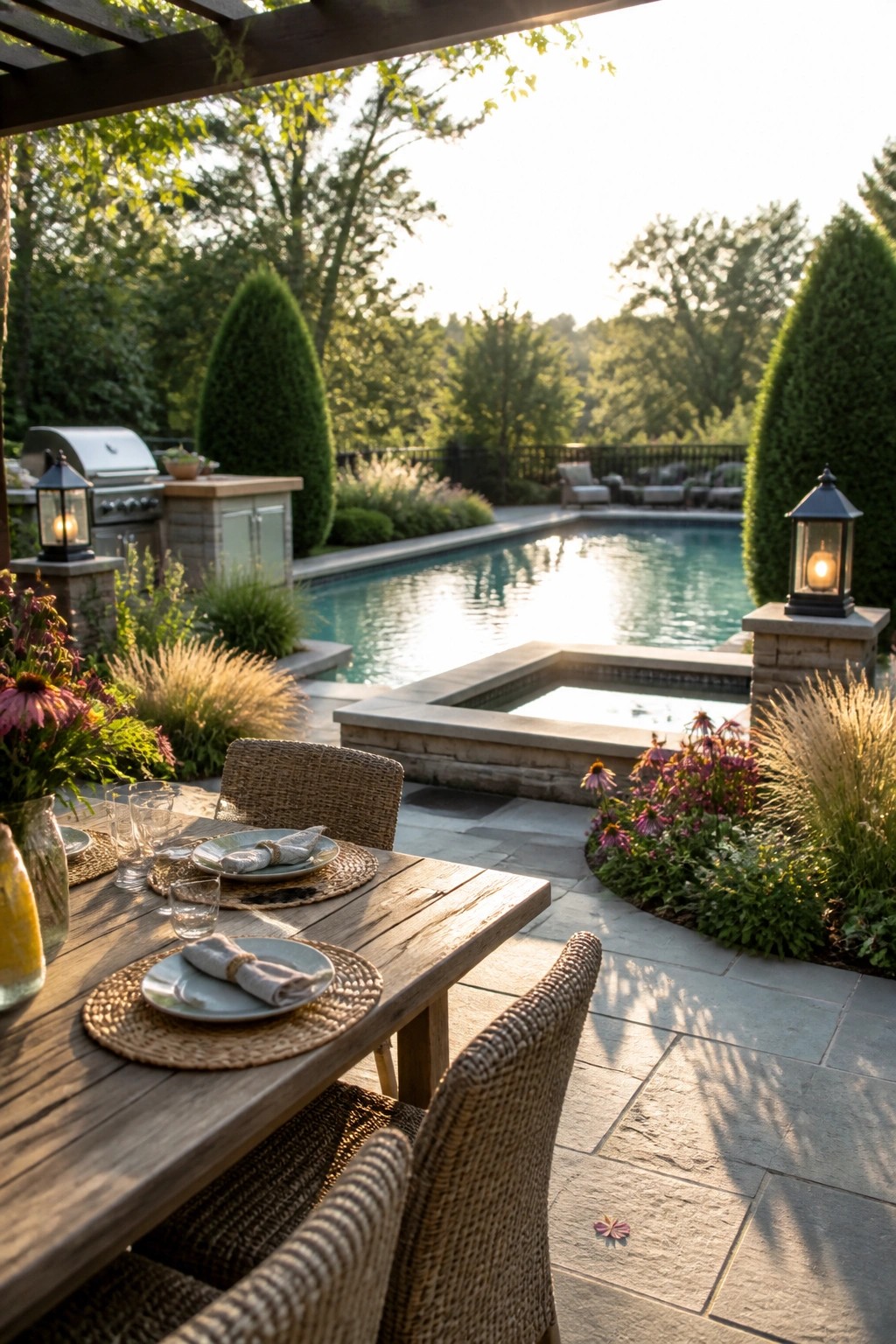 A wooden outdoor dining table on a stone patio next to an inground pool, bordered by tall shrubs, ornamental grasses, and colorful flowers.