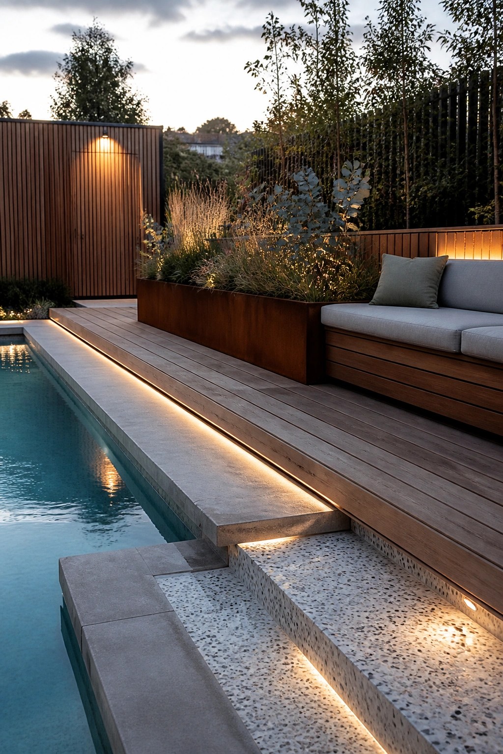 An inground pool with concrete coping, wooden decking, illuminated steps, and a long raised metal planter filled with grasses and shrubs beside a built-in bench.