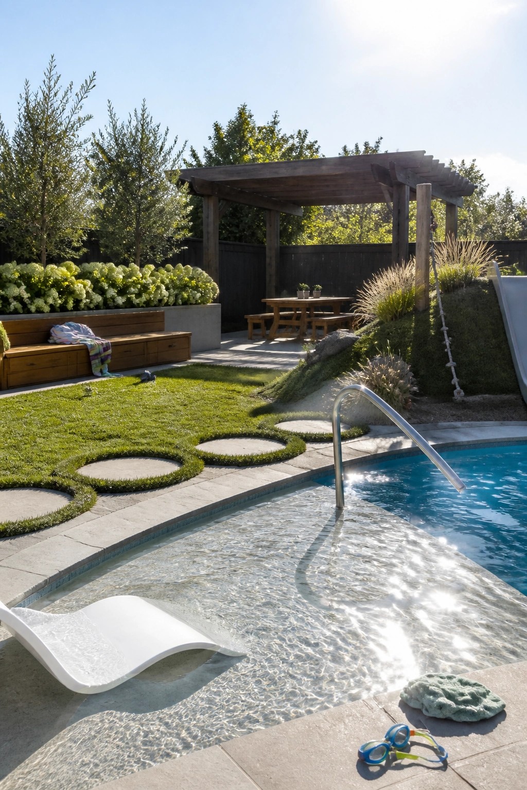 Sunny backyard pool with white lounge chair, metal rail, goggles, lawn and pergola.