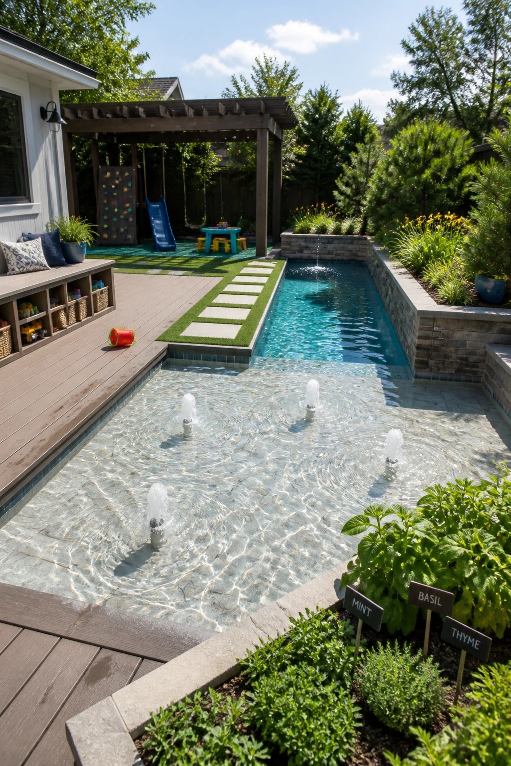 Modern backyard with long pool, water fountains, wooden deck, and kids' play area.