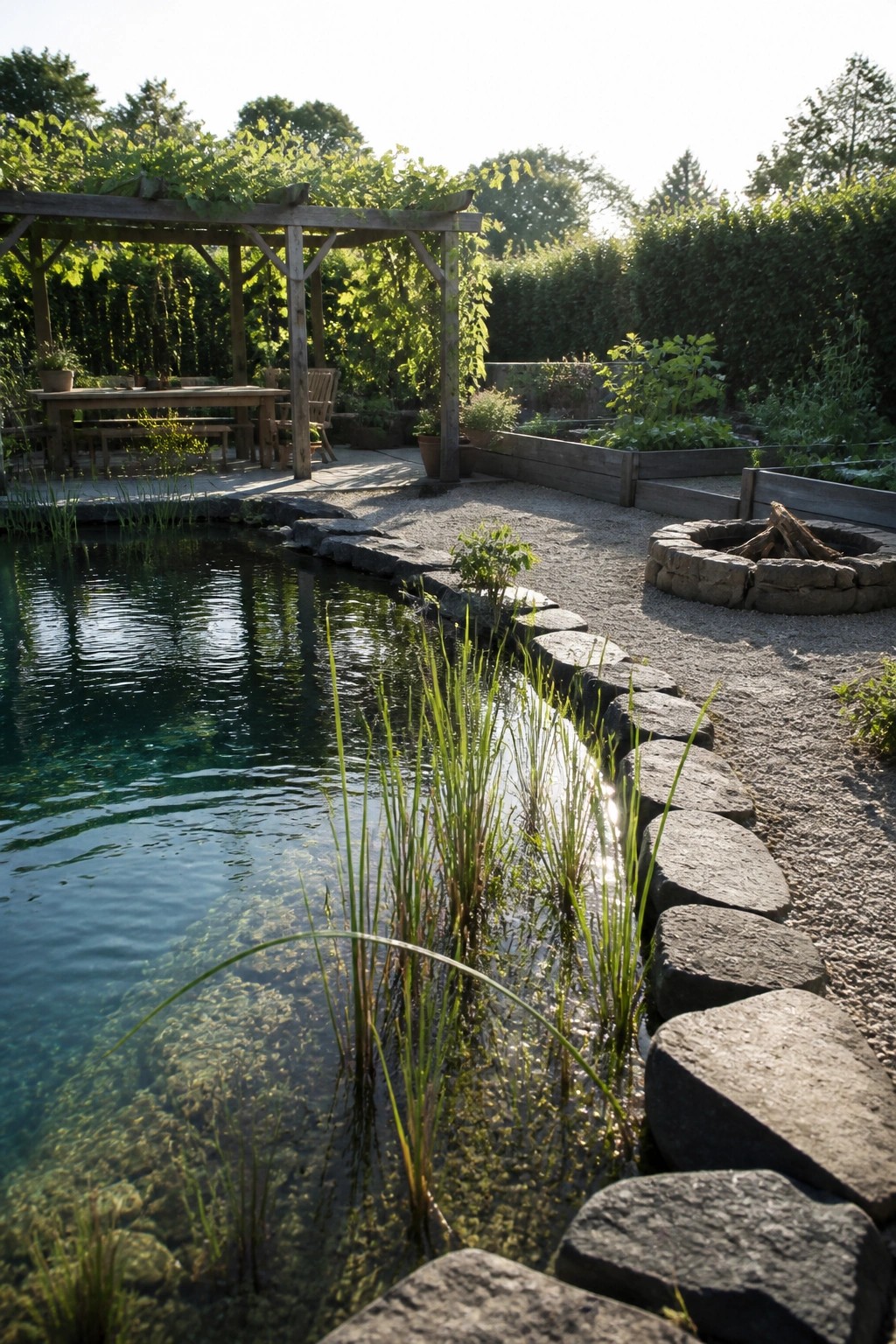 Natural swimming pond with irregular stone edging, tall grasses at the waterline, gravel path, stone fire pit, raised garden beds, and wooden pergola in the background.
