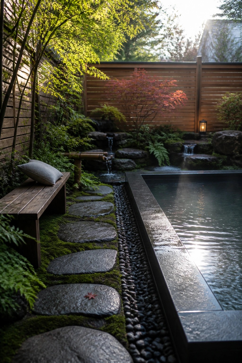 A backyard scene with an inground pool, a stepping stone path bordered by gravel and moss, a wooden bench with a cushion, and a small rock water feature with plants and fencing.