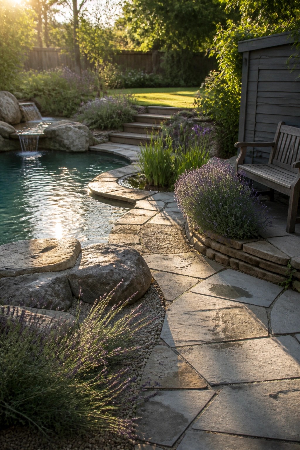 Stone path curves past garden pond, wooden bench, and blooming lavender at sunset.