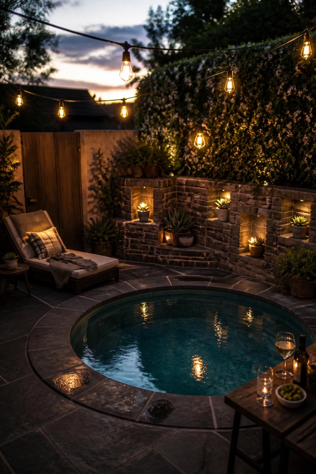A circular inground pool with a dark stone deck at dusk, string lights overhead, a lounge chair on the left, and potted plants set into recessed niches in a low stone wall.