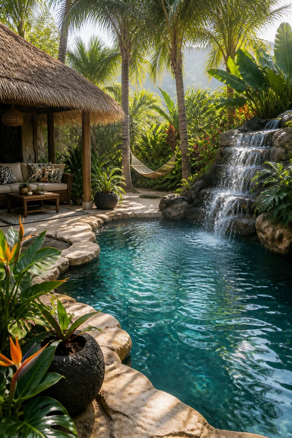 An inground pool with curved stone edging, a rock waterfall on the right, and dense tropical plants surrounding a thatched seating area.