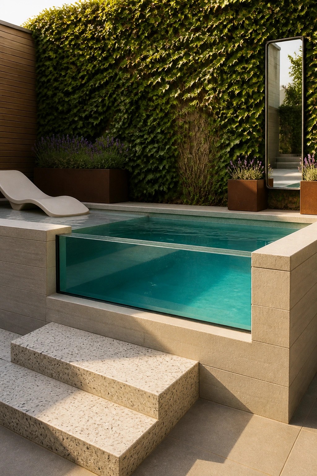 A small rectangular plunge pool with a clear glass side panel is set into concrete with steps leading up to it, next to a lounge chair and planters against an ivy-covered wall.
